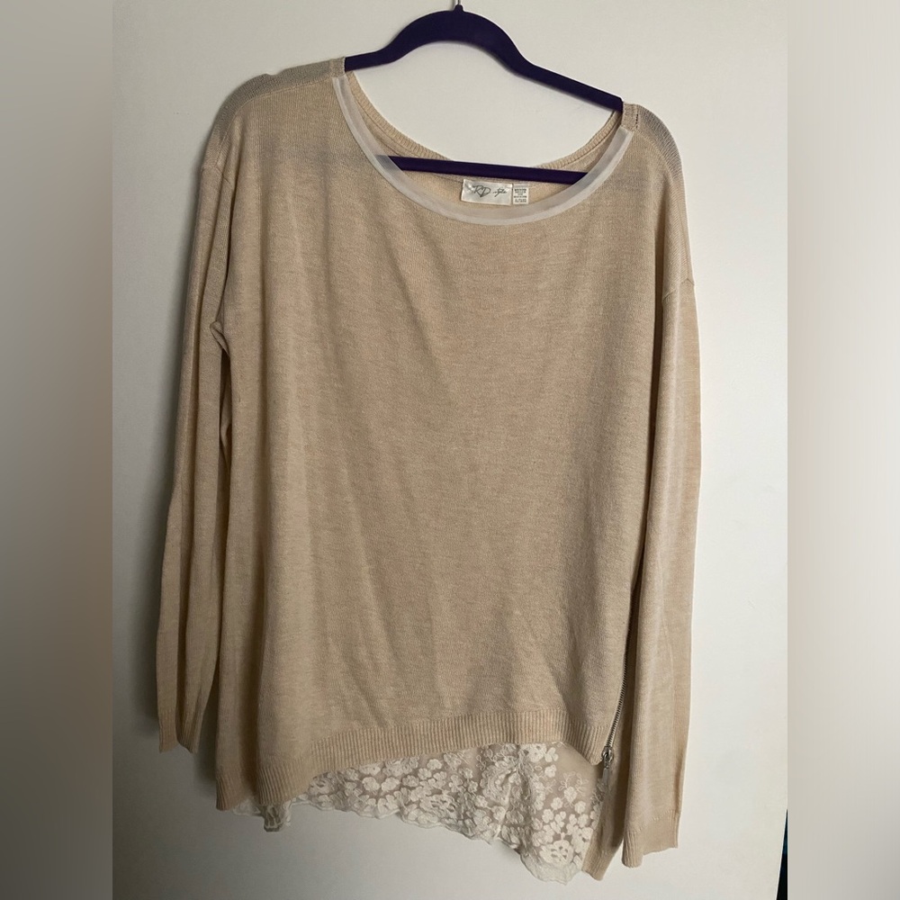 RD Style Tan Knit Top with Sheer Trim